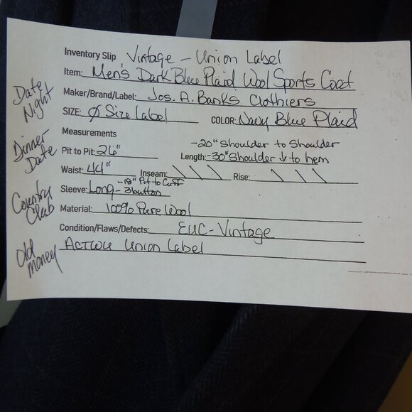 Vintage Jos A Banks Clothiers 100% Wool Dk Blue Plaid Sports Coat Union Label - Picture 2 of 11